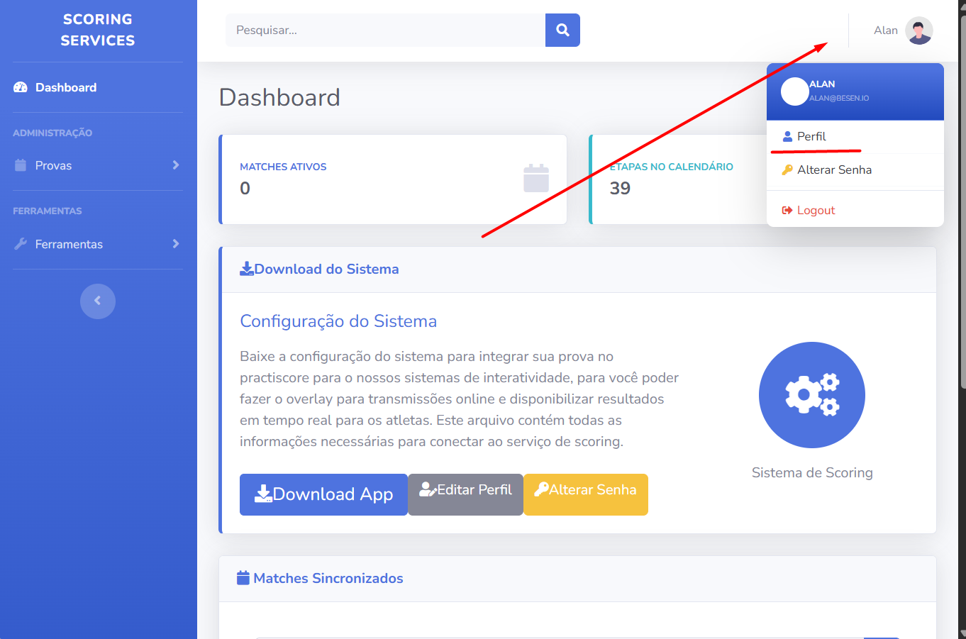 Menu Perfil no painel de administração