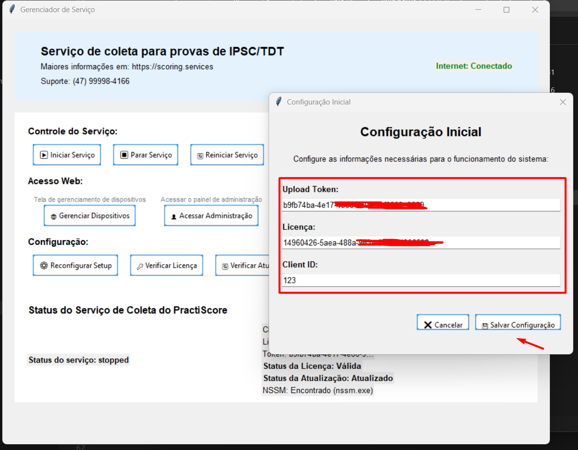 Tela de configuração da licença no software
