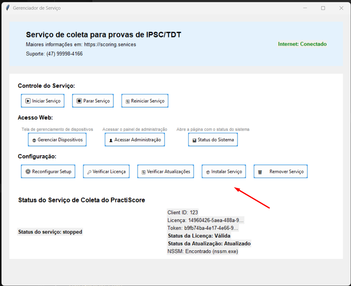 Botão Instalar Serviço — cria o serviço Windows