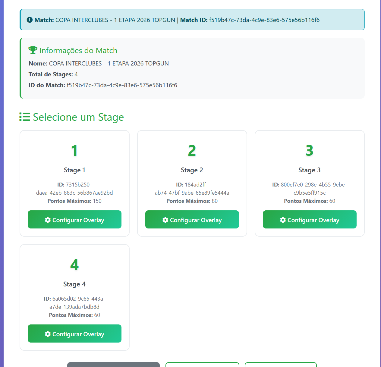 Seletor de pistas — prova com 4 stages, pontos máximos por pista, UUID de cada stage e botão Configurar Overlay para gerar a URL do OBS