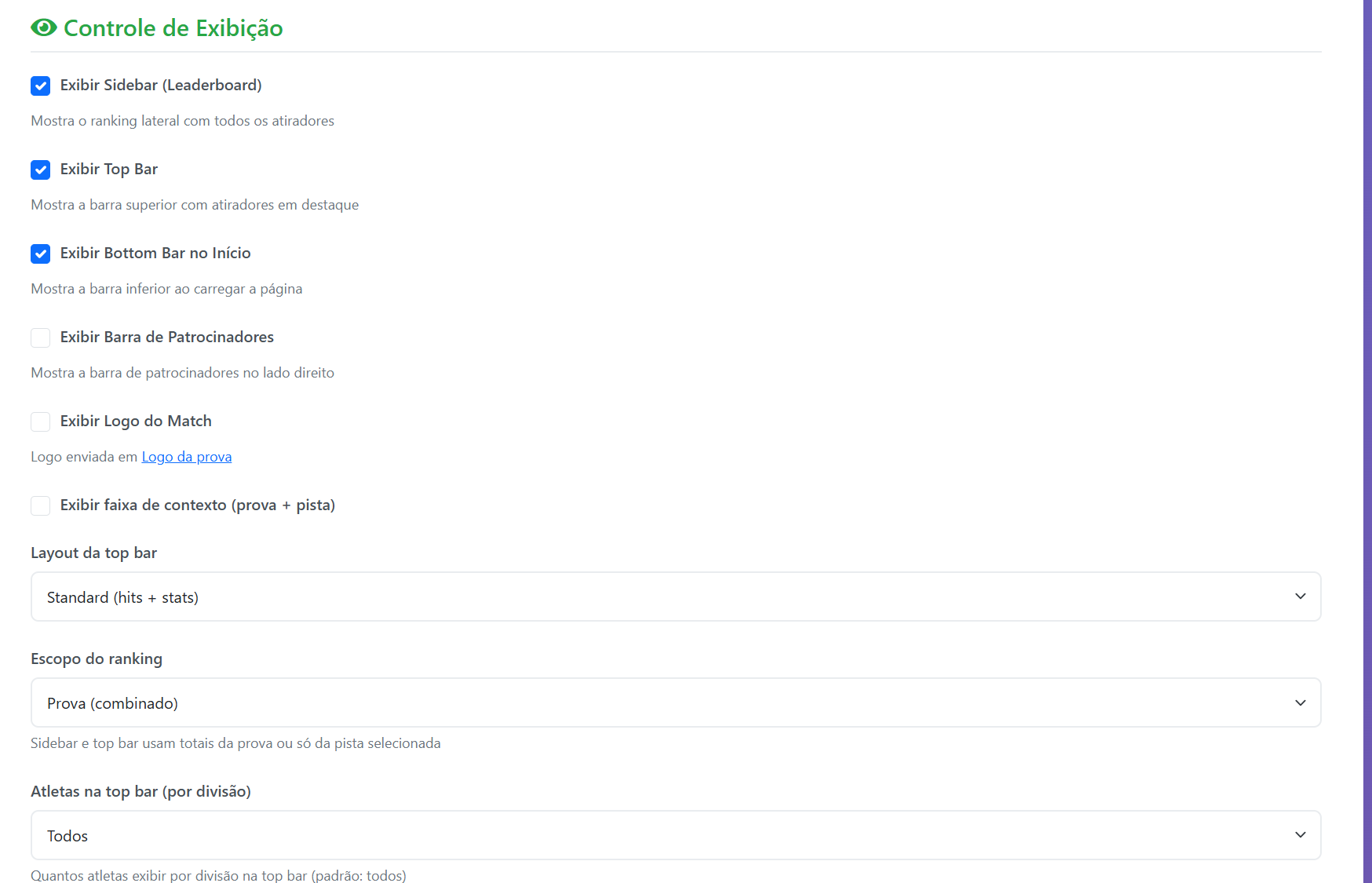 Controle de exibição — layout da top bar, escopo do ranking (combinado ou pista), atletas por divisão e toggles de sidebar, patrocinadores e faixa de contexto