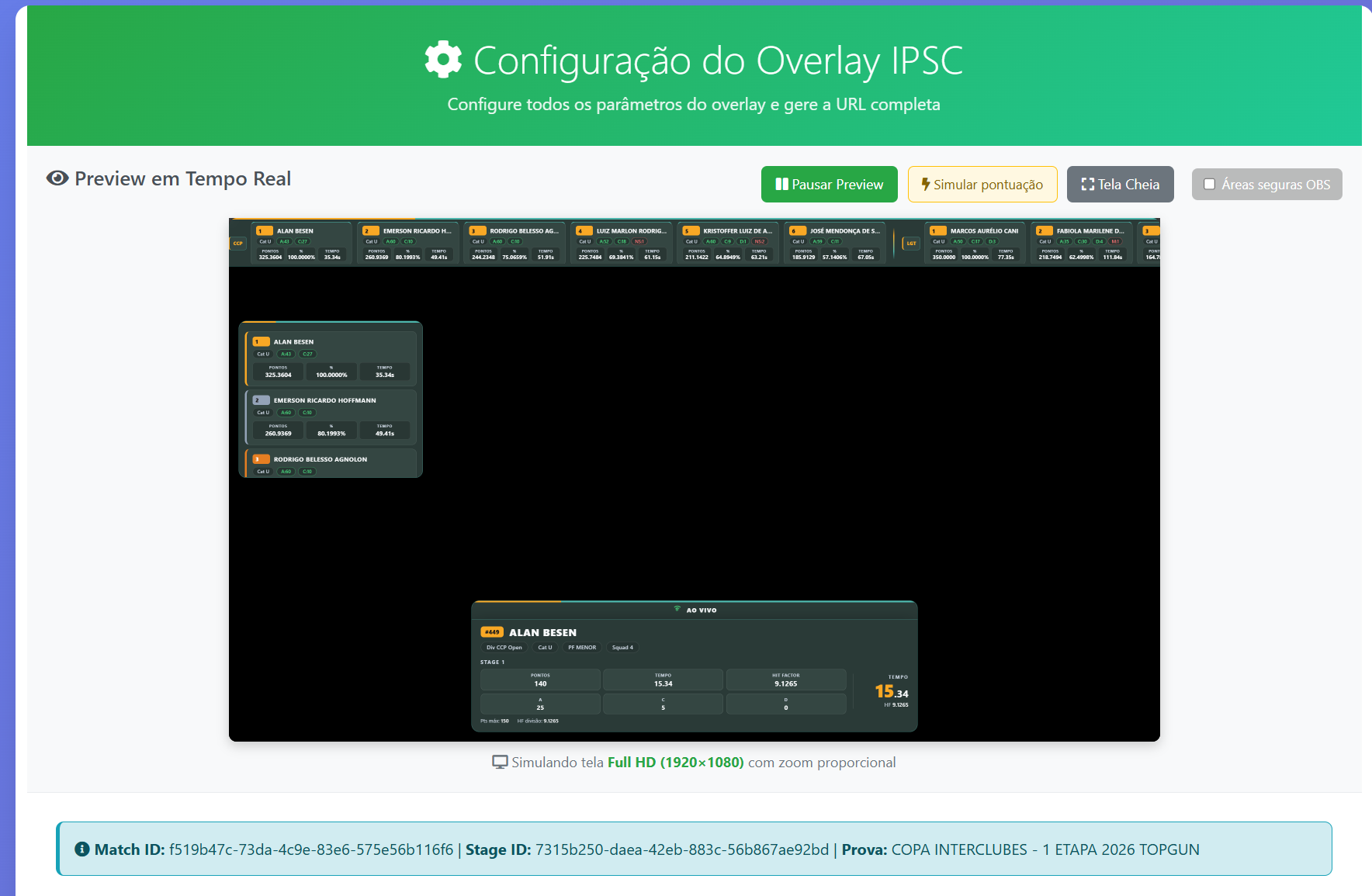 Preview com Simular pontuação — card AO VIVO do atirador na pista (pontos, tempo, HF, A/C/D), top bar e widget CCP Open; botões Pausar e Tela Cheia