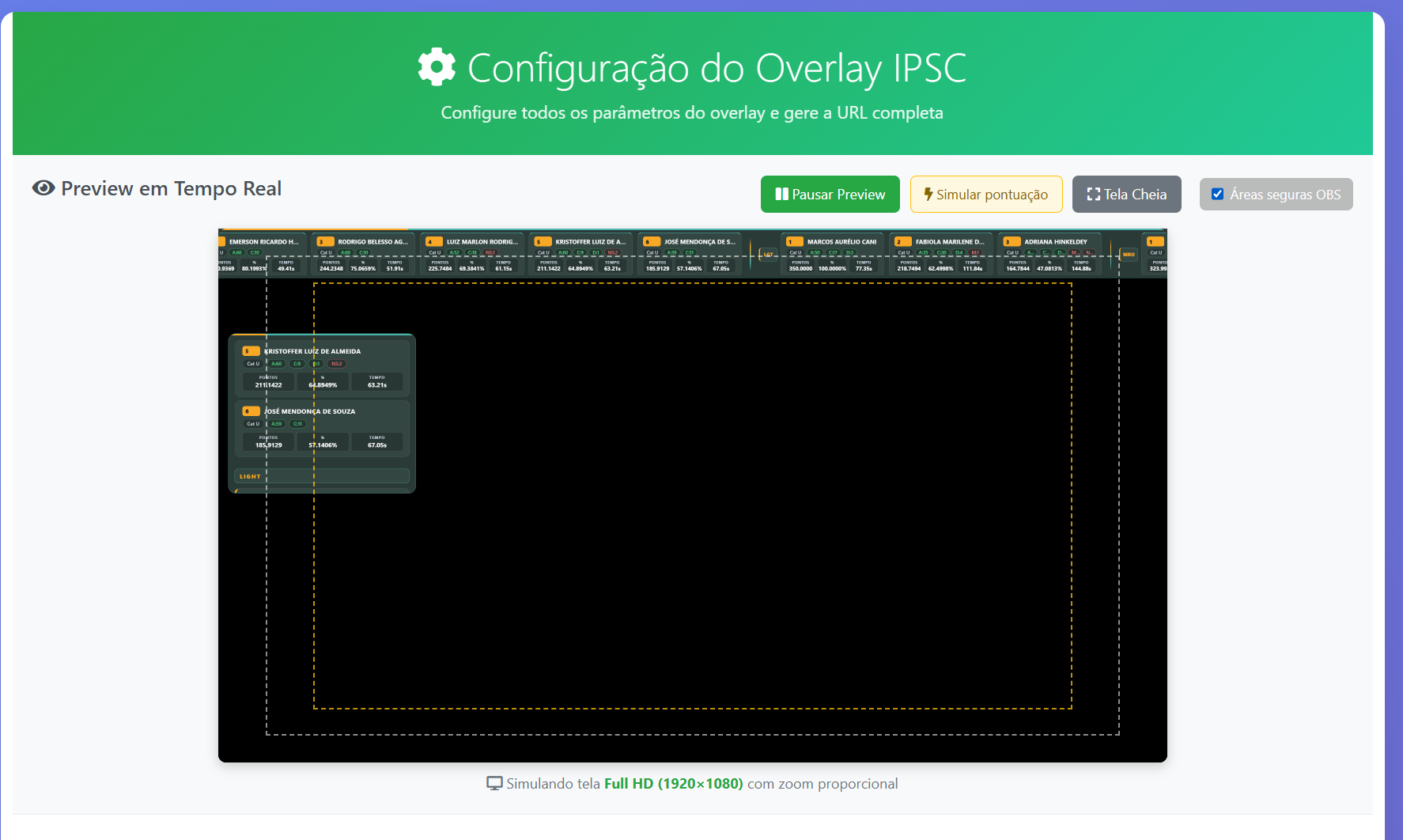 Preview com áreas seguras OBS — top bar rolante, cards laterais, painel AO VIVO do último atirador (HF, A/C/D, tempo) e guias tracejadas em 1920×1080