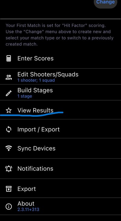 Menu do PractiScore com a opção View Results destacada