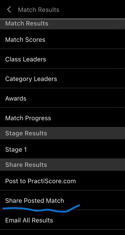 Menu Match Results com Share Posted Match destacado